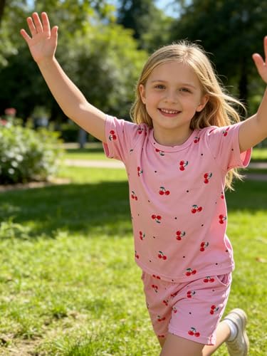 Image of KIDLAGA Girls Two Piece Sets Cherry Pattern Short Sleeve Shirts and Shorts Set With Pockets Girls Summer Outfits Size 7-14