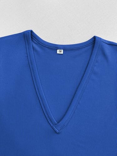 Image of Albe Rita Women Short Sleeve T-Shirt Cap V Neck Shirts for Women Ribbed Casual Top Knit Slim Fit for Summer