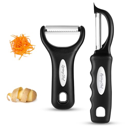 Spring Chef Swivel & Vegetable Julienne Peeler Set for Kitchen with Stainless Steel Sharp Blades - Potato Peelers with Soft Grip Handles & Blade Covers - Perfect for Carrot, Zucchini, Cucumber - Black