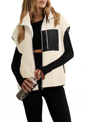 Dokotoo Vest Tops for Women Sleeveless Fashion Fleece Jacket Women Fur Womens Vest Cap Sleeve Lightweight Shackets with Pockets Early Fall Fashion Plus Size Fall Clothes Womens Winter Coats White 2XL