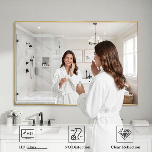 Image of Koonmi Gold Mirrors for Wall, 36x48 Inch Bathroom Mirror, Rectangular Wall Mirror for Living Room Bedroom Bathroom, Hangs Horizontally or Vertically