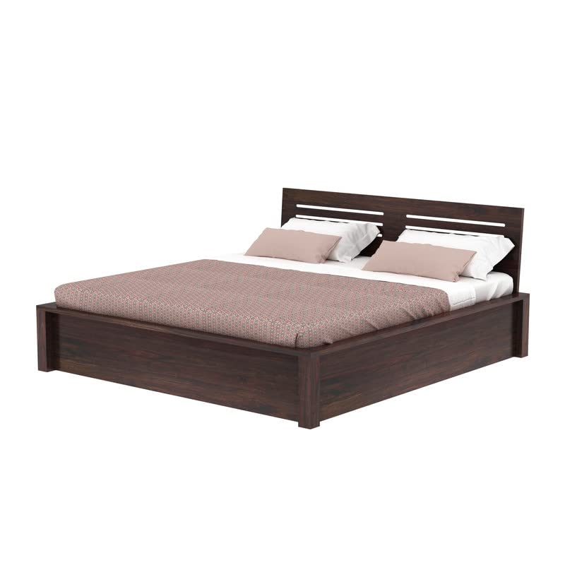 Image of Solid Wood Queen Size Bed for Bedroom | Wooden Furniture Crafted from Premium Sheesham Wood | Elegant Bedroom Double Bed with Box Storage | Walnut Finish (83.5x65x35 Inches)