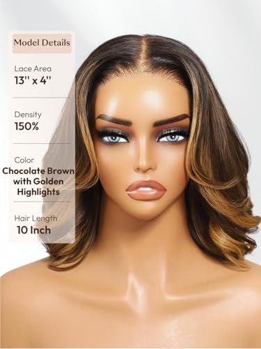 Image of Beauty Forever Glueless Bob Wig Human Hair 13x4 HD Lace Front Body Wave Drawstring Wig Chocolate Brown with Golden Highlights Pre Plucked Pre Cut French Bob 150% Density Ready to Wear 14inch