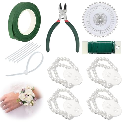 Wullina Floral Tape and Boutonniere Kit with Green Floral Tape Floral Wire Boutonniere Flower pin Wire Cutter and Elastic Pearl Wrist Corsage Bands for Bouquet Supplies