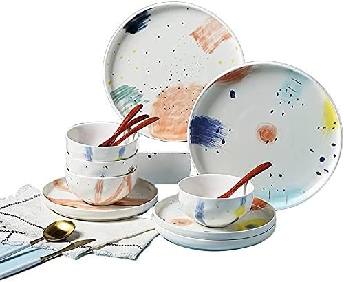 weining ?Ceramic Dinnerware Set of 32, Plates Set, Dishes Set, Starlight Series Underglaze Porcelain Dinner Sets, Hand Painted Pattern White Plates Set for Family Party,White