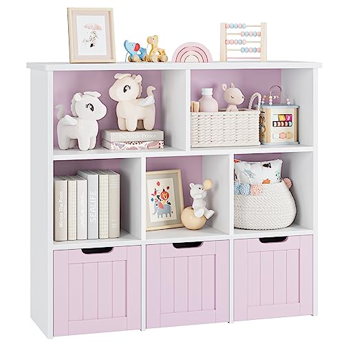 Image of FOTOSOK Toy Storage Organizer with 3 Movable Drawers, Floor Storage Cabinet Toy Chest with Hidden Wheels and 5 Storage Cubbies, Multifunctional Storage Chest for Living Room, Home Office, Pink