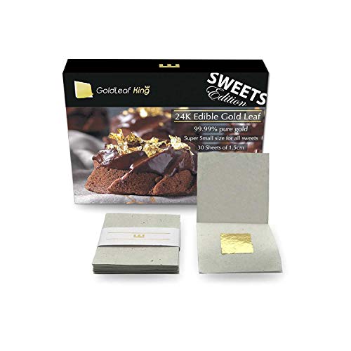 GoldleafKing Super Small 24k Gold Edible Gold Leaf - 30 Sheets x 0.6' | Sweets Edition - Small for All Sweets | Cake Decorations | + Free 3 Silver Leaf Sheets