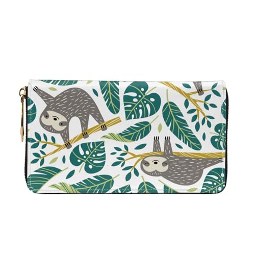 Sloths Tropical Palm Leaves Men'S Women'S Leather Wallet Cell Phone Purse Fashion Clutch Wristlet Bag2
