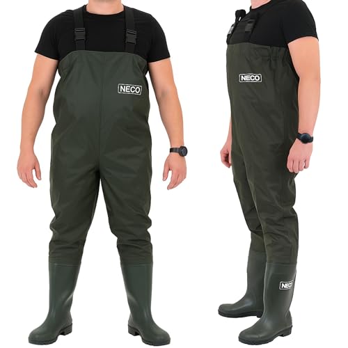 NECO Watthose Wasserdicht mit Stiefel Unisex PVC Angelhose mit verstellbaren Trägern Teichhose Hochwasserhose für Angler Landwirtschaft Gartenarbeit & Gewässerpflege Größe 44
