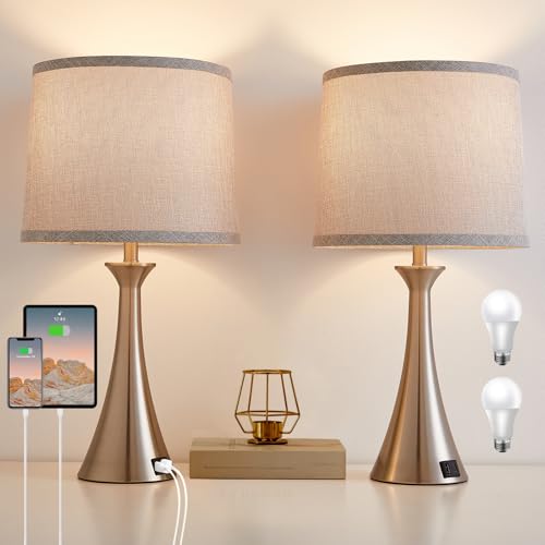 Hikczc Touch Table Lamps Set of 2, 21" Bedside Lamps with USB C+A, Silver