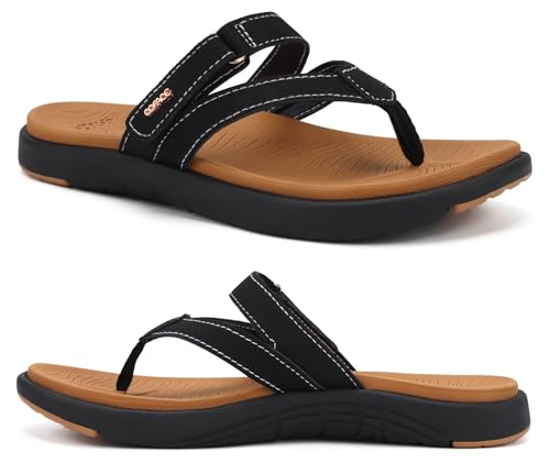 COFACE Womens Orthopedic Flip Flops Ladies Slip On Athletic Yoga Mat Memory Foam Cushioned Recovery Walking Thong Sandals Summer Beach Pool Slippers Plantar Fasciitis Arch Support Black Brown Size 9