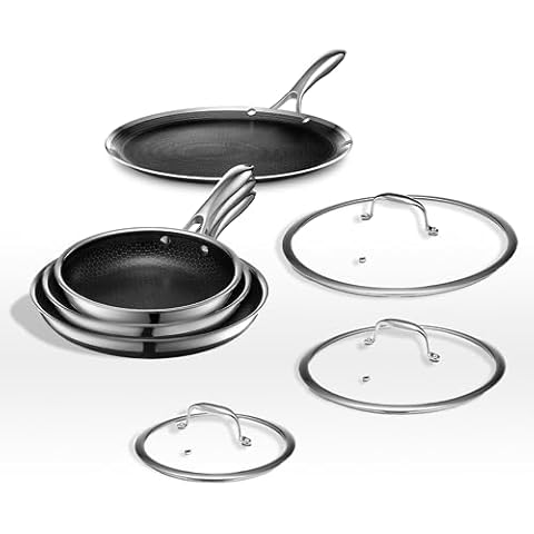 HexClad 7 Piece Hybrid Stainless Steel Cookware Set - 6 Piece Frying Pan Set and 12 Inch Griddle Skillet, Metal Utensil and Dishwasher Safe, Induction Ready, Easy to Clean, Non-stick Cover