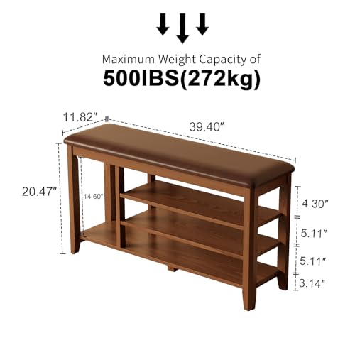Entryway Bench with Cushion and Shoe Storage Rack - 3-Tier Shoe Organizer for Entryway, Bedroom, Hallway (Walnut, 39.4)