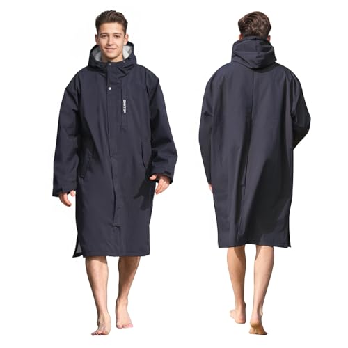 Owntop Wasserdichter Winddichter Wickelmantel – Übergroßer Quick-Dry Langarm Mantel mit Kapuze für Strand Schwimmen Surfen Spaziergänge, Schwarz+Grau, M(170-175CM/60-70KG)