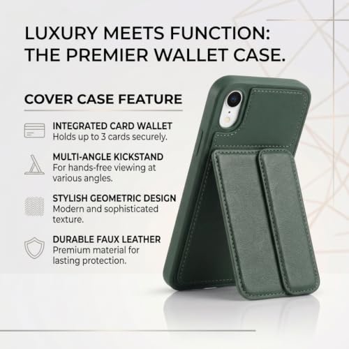 Image of amazon basics Luxury Vegan Leather Back Cover for iPhone XR | Built-in Card Holder Slot | Integrated Mobile Stand | Slim Shockproof Protective Case with Stitched Finish - Green