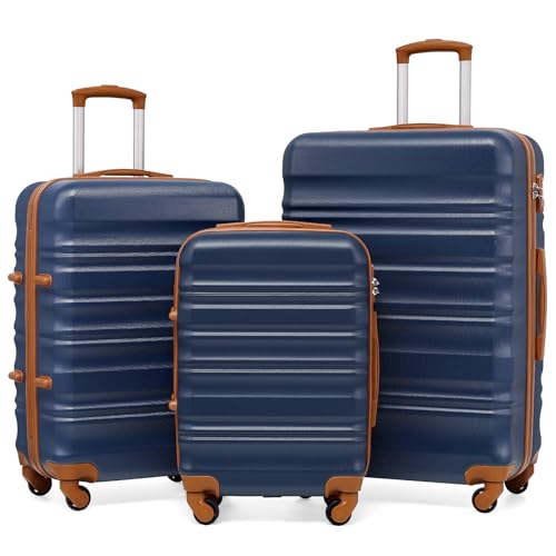 COOLIFE 3 Piece Hardshell Luggage Set, Suitcase Set with Smooth Spinner Wheels, TSA Lock, Scratch-Resistant, Durable ABS+PC Suitcase Set for Family Holiday Group Travel（Apricot Navy）