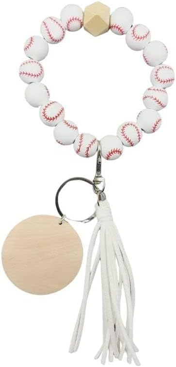 WJR Baseball Softball Bracelet Keychain Wooden Bead Tassel Wristlet Key Ring Sports Lover Athletes Jewerly Gift