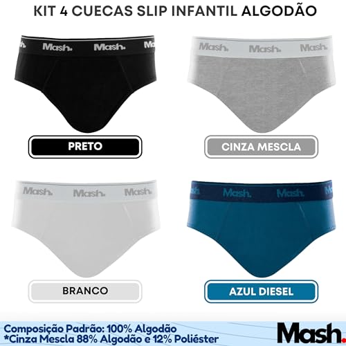 INFANTIL MASH Kit 4 Cuecas Algodão Slip Meninos Crianças, 1 Preto - Branco - 1 Cinza Mescla - 1 Azul