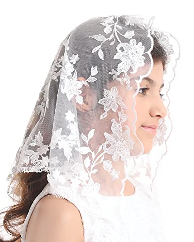 Mantveil Girls First Communion Veil Catholic Chapel Mass Headpiece Church Lace Flower Girl Head Covering for Kid (White)4