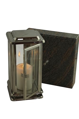 designgrab Grablampe Royal Edelstahl mit Kreuz & Sockel 20×20×5 cm aus Granit – Glasfenster austauschbar, witterungsbeständig Carrara