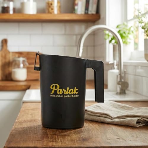 Image of Milk and Oil Packet Holder, Black Plastic Kitchen Organizer with Handle, Cylindrical Spill-Proof Pouring Container (Black, Large)