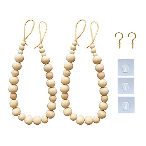 RV77 Curtain Tiebacks, 2 Pack Natural Wood Drape Tiebacks for Thin or Thick Blackout Curtains, Window Treatment, Farmhouse Garland