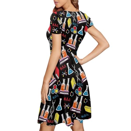 Image of POLERO Women Puffy Swing Elegant Party Midi Dresses Short Sleeve Round Neck A-Line Dress