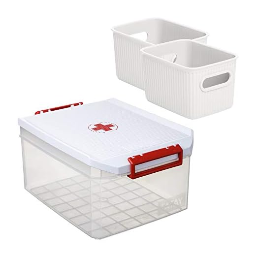 PracticDomus - Lote Botiquín y 2 Cestos Baobab Tatay, Caja Multiusos 14L. Tapa con Asas Integradas y Símbolo Cruz Roja