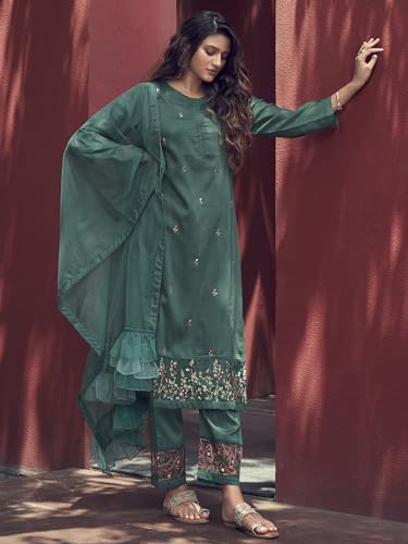 Image of INDO ERA Women's Chiffon Embroidered Straight Kurta Trouser With Dupatta Set