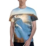 Instrucciones de cuidado sencillas: estas camisetas con estampado de cascada de Islandia y campo de río son lavables a máquina, requieren agua fría y secado a baja temperatura, lo que las hace fáciles de cuidar y mantener
