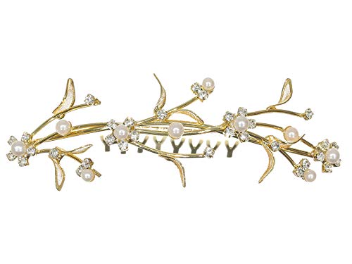 SAMKY Rhinestone Crystal Pearl Flower Tiara Hair Comb - Gold Plated Clear Crystals T261