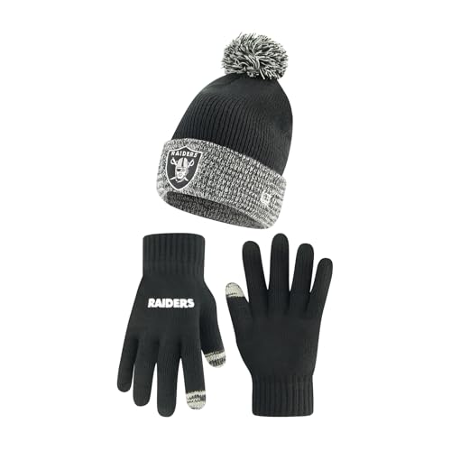 Ultra Game NFL Official Adults Super Soft Two Tone Winter Beanie Knit Hat with Extra Warm Touch Screen Gloves, Las Vegas Raiders, Team Color, 1SIZE
