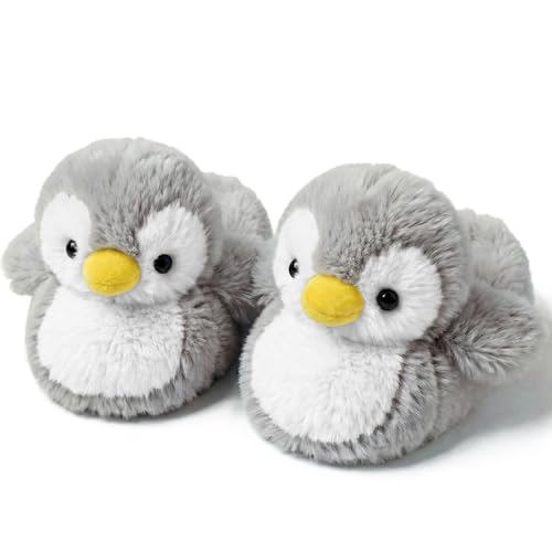 ARELUX Women Slippers Cute Penguin Animal Slippers Novelty Furry Slippers Winter Warm House Shoes Cartoon Slippers Outdoor(Grey Large)