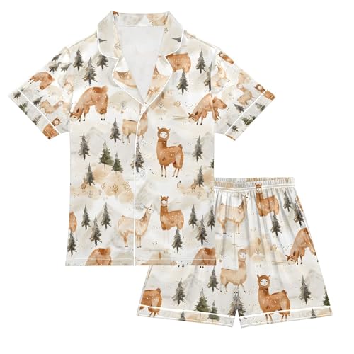 senya Alpaca and Tree 1 Satin Summer Pajama Sets Silk Short Sleeve Button Down Sleepwear
