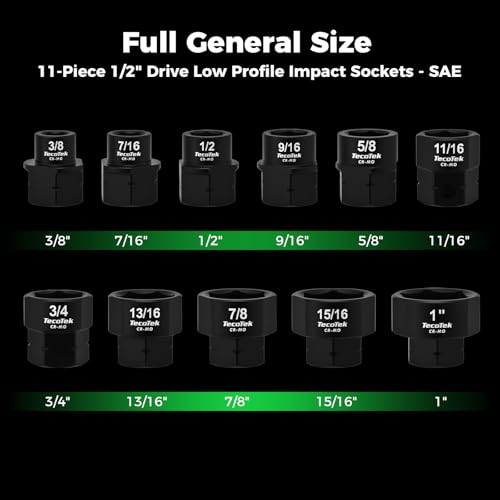 Image of TecoTek 11-Piece 1 /2-Inch Drive SAE Low Profile Impact Socket Set, Stubby Socket Set, 3 /8 inch - 1 inch, 6 Point, Cr-Mo, Shorter Socket for Tight Areas