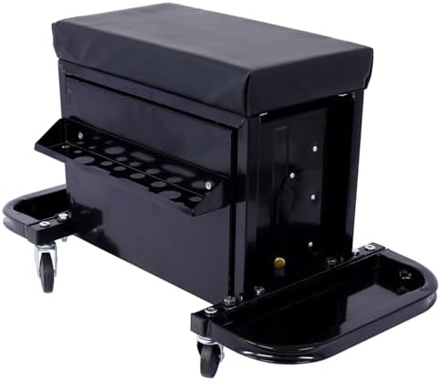 3-Drawer Rolling Tool Chest with Side Tool Trays, Mechanic Roller Seat with Wheels, 350 LBS Capacity Padded Mechanic Stool for Home, Garage, Workshop, Black