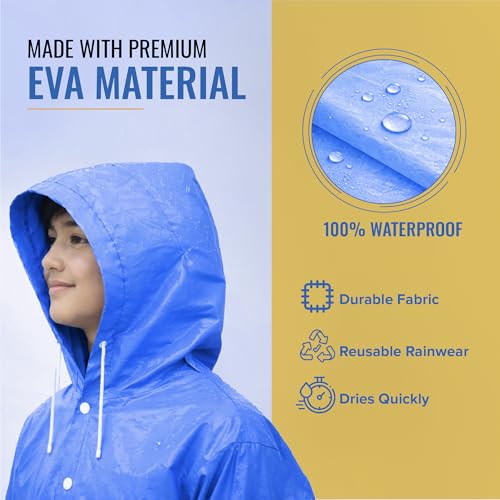 Image of Robustt Kids Eva Raincoat for Boys & Girls (8-16 Years) with Full Sleeves with Elastic Cuff | Unisex Hooded Kids Rain Coat with Drawstring | Reusable Raincoat with Snap Button Closure | Knee Length
