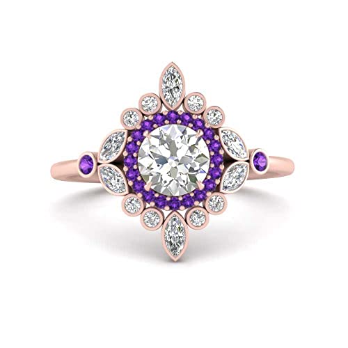 Image of 55Carat Choose Your Gemstone Round Halo Floral Engagement Ring Rose Gold Plated Round Shape Vintage Engagement Rings Everyday Jewelry Wedding Jewelry Handmade Gifts for Wife US Size 4 to 12