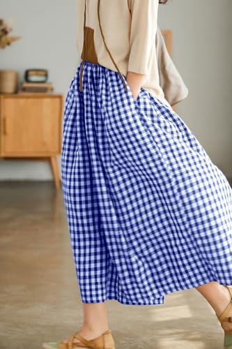 Image of chouyatou Women's Cotton Linen Pants Elastic Waist Plaid Gingham Wide Leg Capri Palazzo Pants
