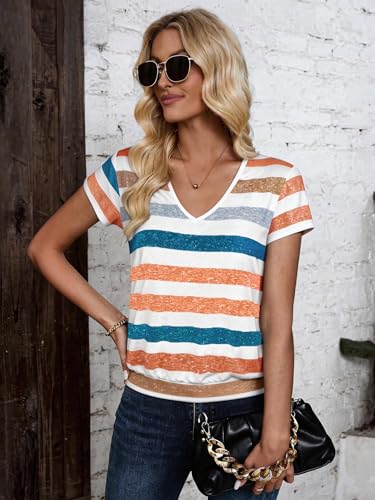 Sialois Shirts for Women V Neck Short Sleeve Tops Banded Bottom Tunic Business Work Blouses Dressy Casual Fashion Cute Trendy Clothes Summer Beach Vacation Spring Essentials Tees 2026,Strip Orange,L — view 6