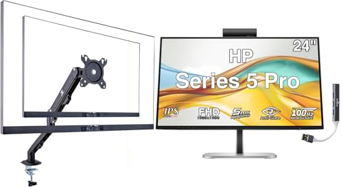 Image of HP Series 5 Pro 24 inch FHD IPS Monitor with 5ms Response Time, Anti-Glare, Flicker Free, 350 nits Brightness, VESA Mount (100mm), Displayport, HDMI, Black /Silver w /DKZ Hub & ErgoFlexy Single Mount Arm