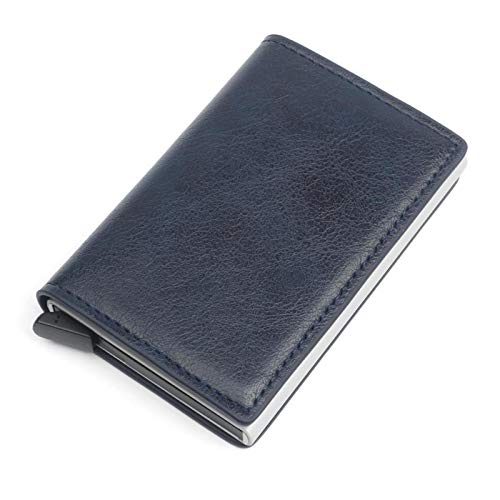 CHJGLNL Men's Genuine Leather Wallet RFID Blocking Aluminum Automatic Pop Up Credit Card Holder Case (Blue), Medium