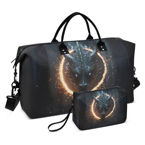 ​​Large Foldable Travel Duffel Bag, Waterproof Gym Bag for Men & Women, Carry-On Luggage Weekender Overnight Bag, Dragon Fire Darkness