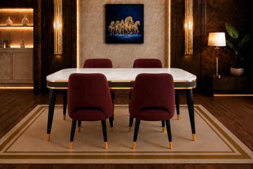 Image of WOODEN SPACE Majestic 4 Seater Wooden Dining Table Set | Urban Marble Top Dining Table with Chairs for Dining Room & Kitchen (Maroon Modern Vintage)
