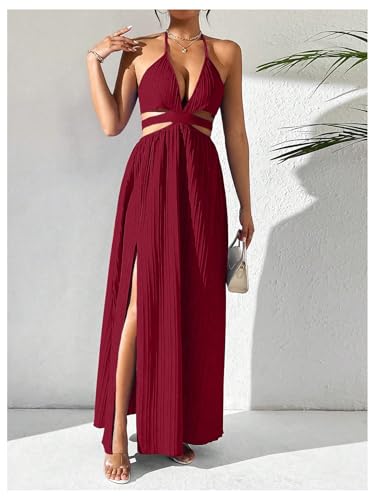 Image of SHENHE Women's Sexy Cut Out Tie Backless Halter Deep V Split Thigh Party Night Maxi Dress