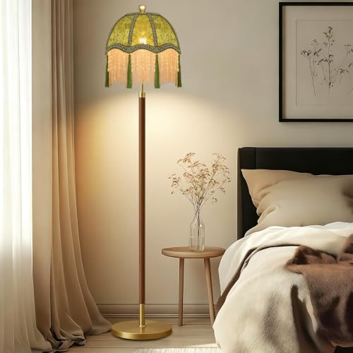 Image of Wood Floor Lamps for Living Room Vintage Floor Lamp with Remote Control & 3 Color Temperature,Dimmable Floor Lamp Mid Century Modern Standing Lamp Green Fringe Tall Floor Lamp for Bedroom Corner