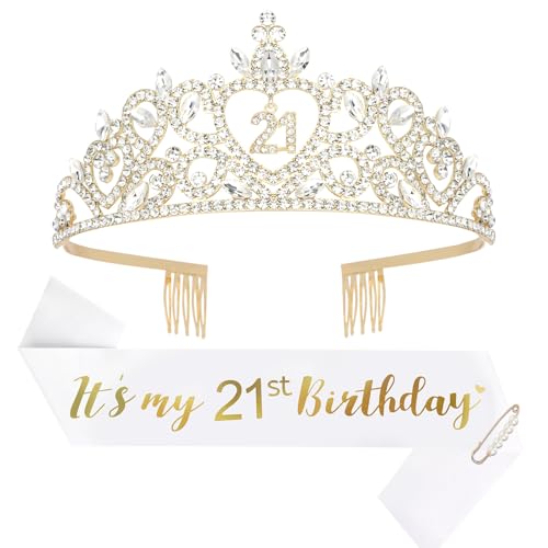 Happy 21st Birthday Decorations for Her with Happy 21st Birthday Sash for Women &amp; Twenty-one Crown 21 years old Gifts for Her