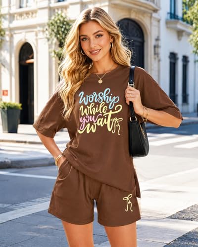 Image of 2 Piece Sets for Women Christian Tshirts Oversized Top Loose Fit Shorts with Pockets