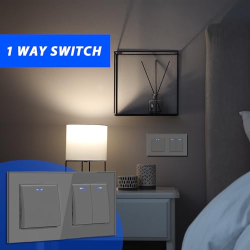 BSEED Lichtschalter Unterputz mit Steckklemme, Lichtschalter Glas 1 Fach 1 Weg+2 Fach 1 Weg, Taster Schalter Unterputz mit LED Kontrollleuchte, Wandschalter für Wohnzimmer, Büro, Küche-Grau