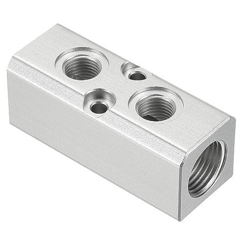 PATIKIL 2 Way 4 Port Air Manifold, G1/2" G1/4" Aluminum Air Hose Inline Manifold Block Splitter Pneumatic Air Hose Fitting, Silver
